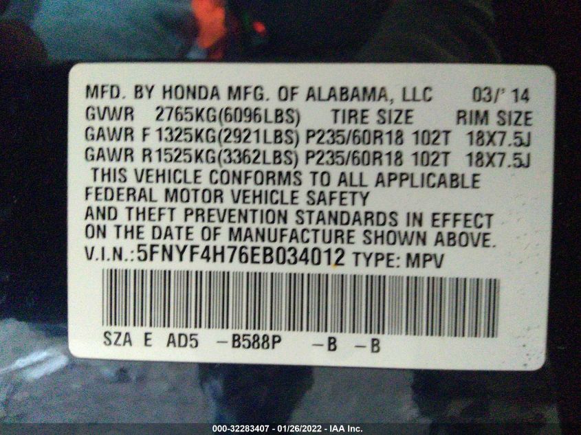 2014 HONDA PILOT EX-L 5FNYF4H76EB034012