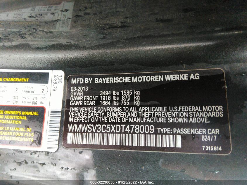 2013 MINI COOPER HARDTOP S WMWSV3C5XDT478009