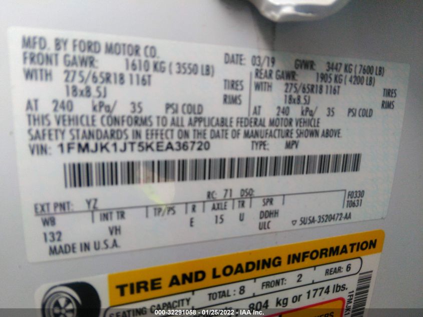2019 FORD EXPEDITION MAX XLT 1FMJK1JT5KEA36720