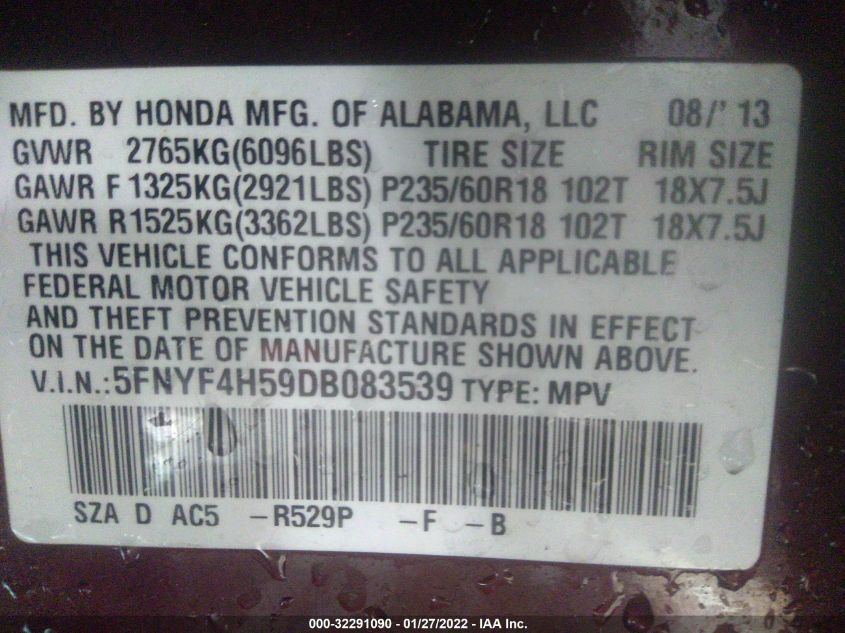 2013 HONDA PILOT EX-L 5FNYF4H59DB083539