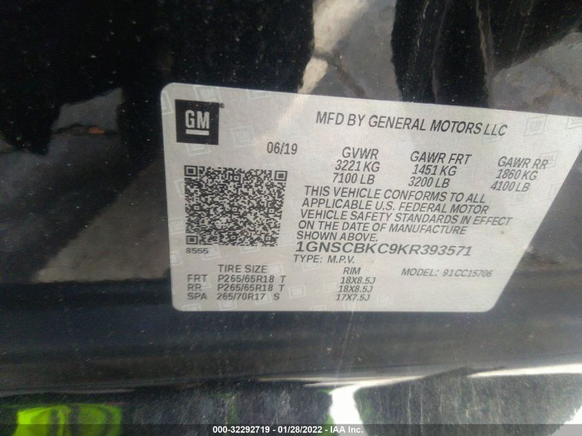 2019 CHEVROLET TAHOE LT 1GNSCBKC9KR393571