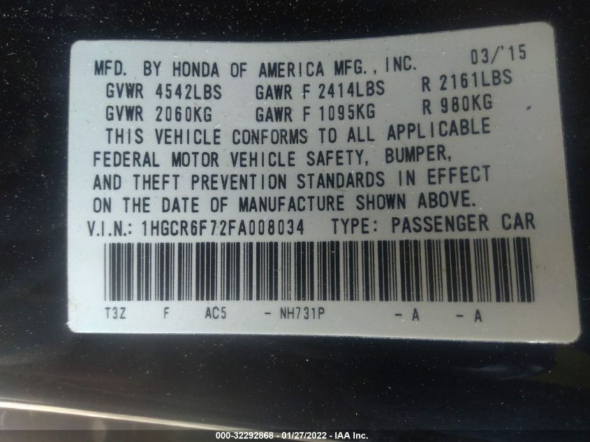 2015 HONDA ACCORD HYBRID TOURING 1HGCR6F72FA008034
