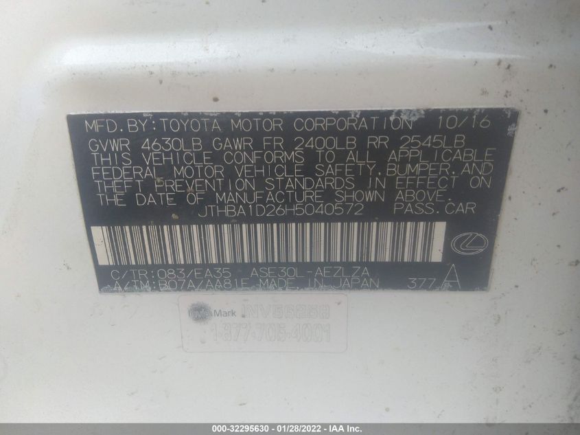 2017 LEXUS IS IS TURBO JTHBA1D26H5040572