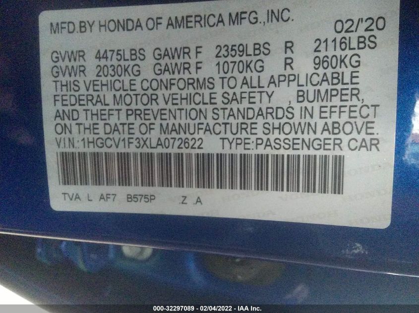 2020 HONDA ACCORD SEDAN SPORT 1HGCV1F3XLA072622