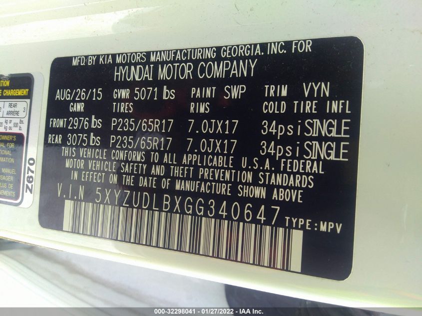 2016 HYUNDAI SANTA FE SPORT 5XYZUDLBXGG340647