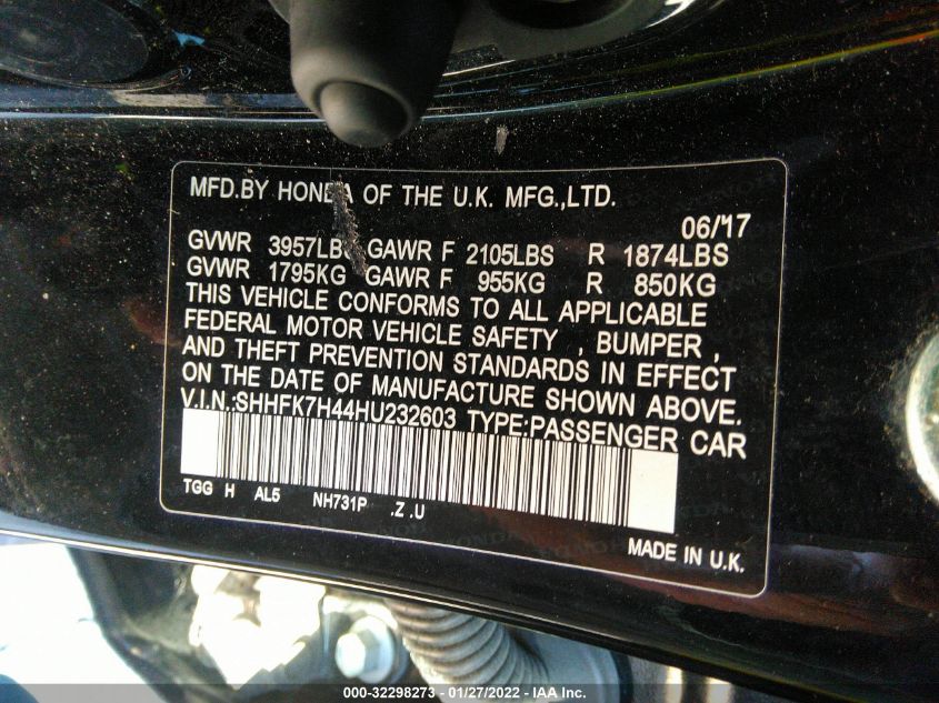 2017 HONDA CIVIC HATCHBACK SPORT SHHFK7H44HU232603