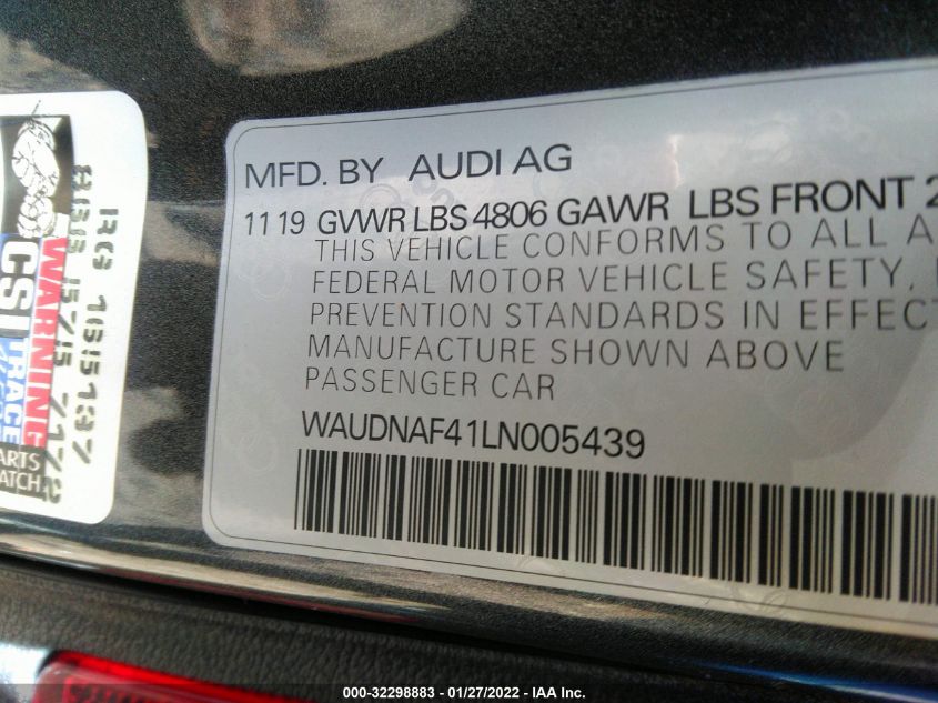 2020 AUDI A4 PREMIUM WAUDNAF41LN005439