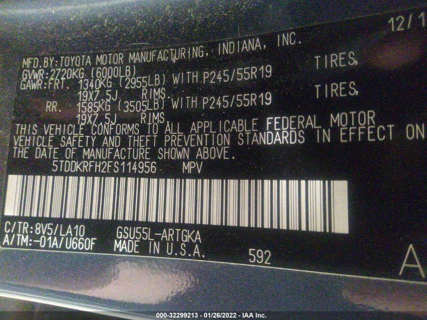2015 TOYOTA HIGHLANDER LIMITED 5TDDKRFH2FS114956
