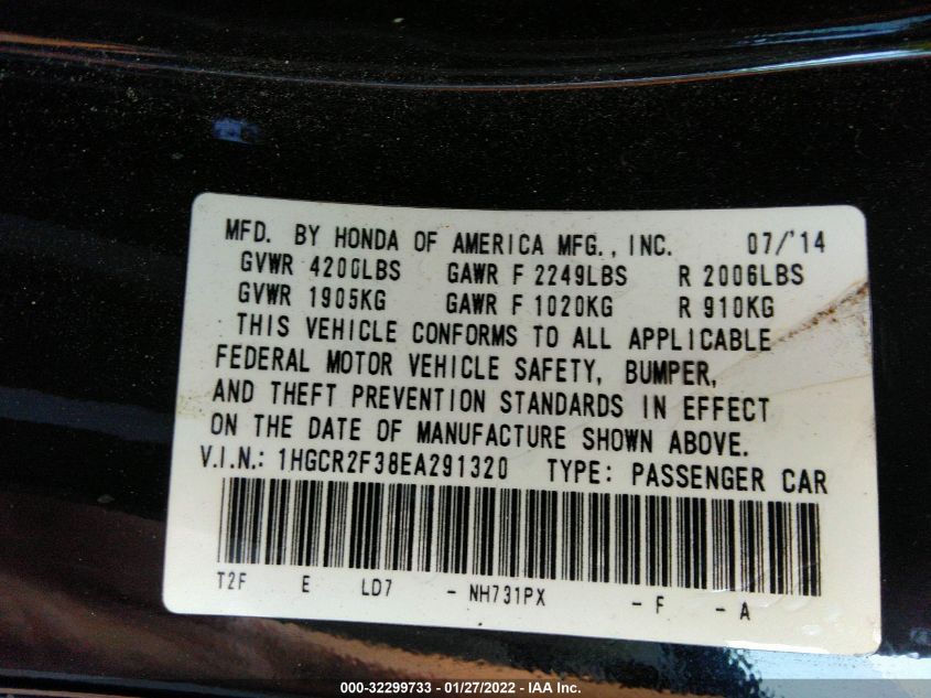 2014 HONDA ACCORD SEDAN LX 1HGCR2F38EA291320