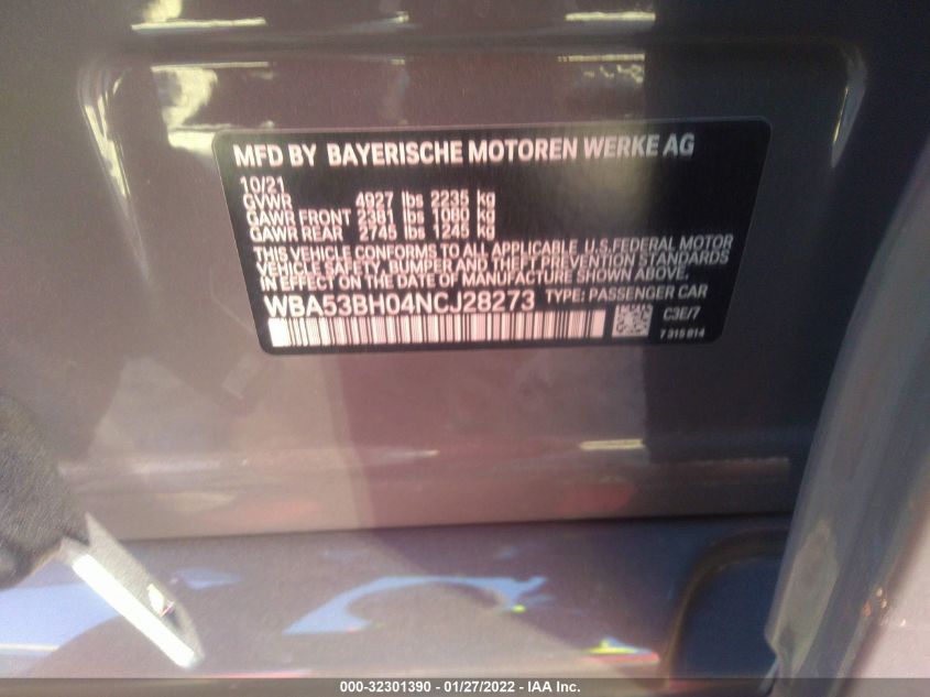 2022 BMW 5 SERIES 530I WBA53BH04NCJ28273
