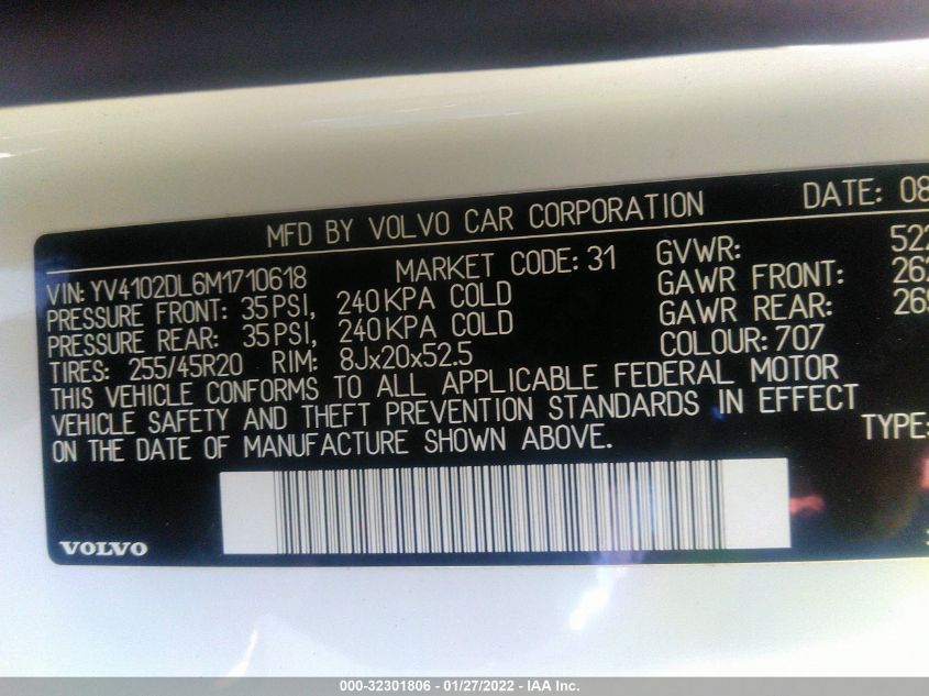 2021 VOLVO XC60 INSCRIPTION YV4102DL6M1710618