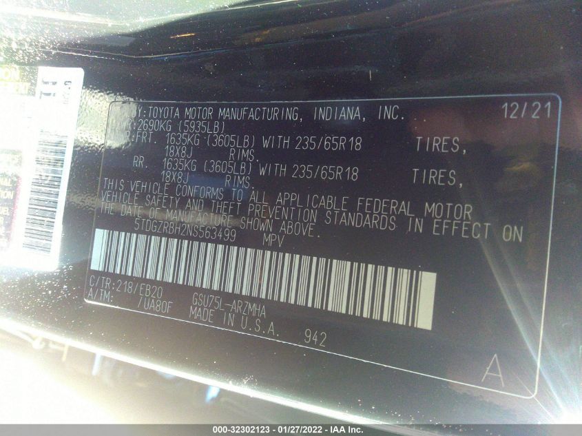 2022 TOYOTA HIGHLANDER XLE 5TDGZRBH2NS563499
