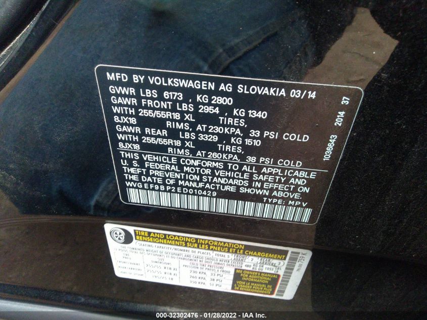 2014 VOLKSWAGEN TOUAREG SPORT W/NAV WVGEF9BP2ED010429
