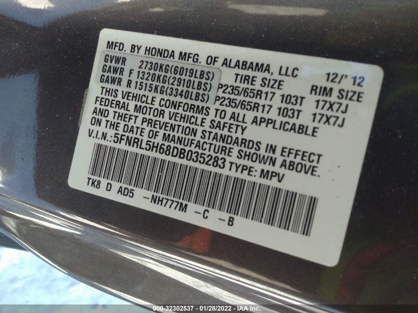 2013 HONDA ODYSSEY EX-L 5FNRL5H68DB035283