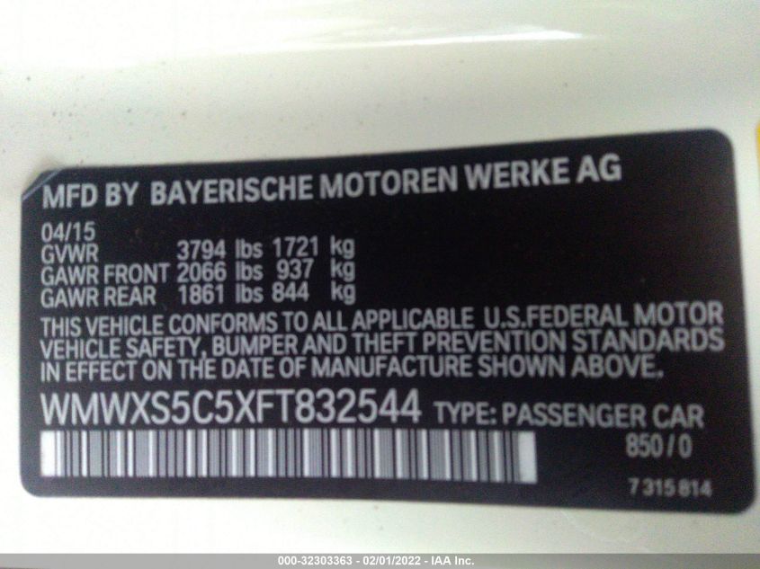 2015 MINI COOPER HARDTOP 4 DOOR WMWXS5C5XFT832544
