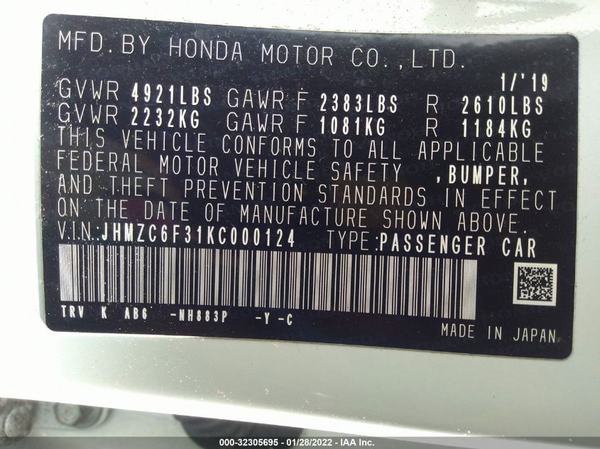 2019 HONDA CLARITY ELECTRIC JHMZC6F31KC000124