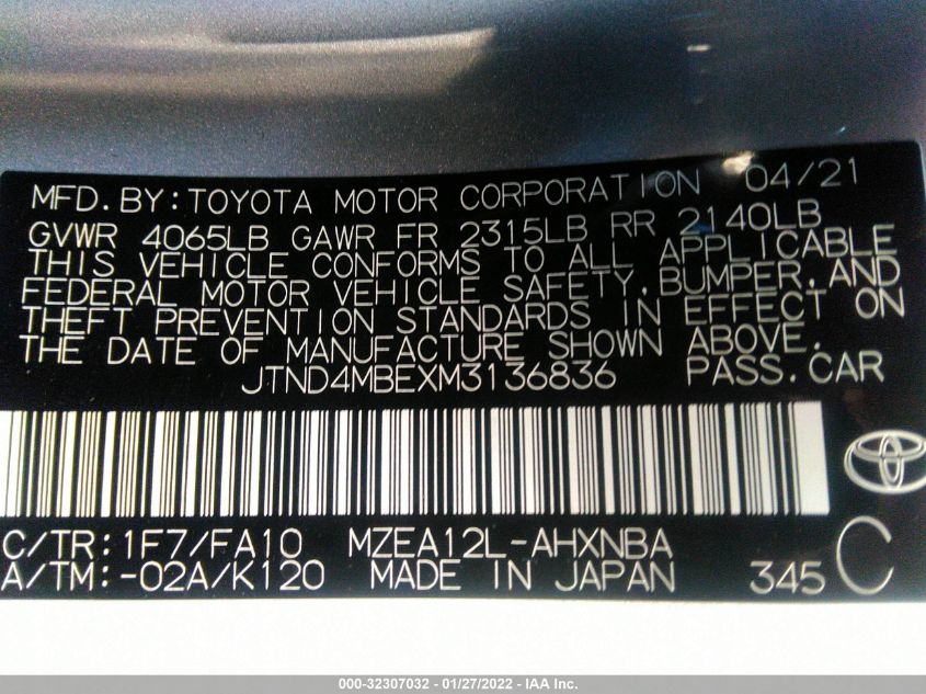 2021 TOYOTA COROLLA HATCHBACK SE/XSE/NIGHTSHADE JTND4MBEXM3136836