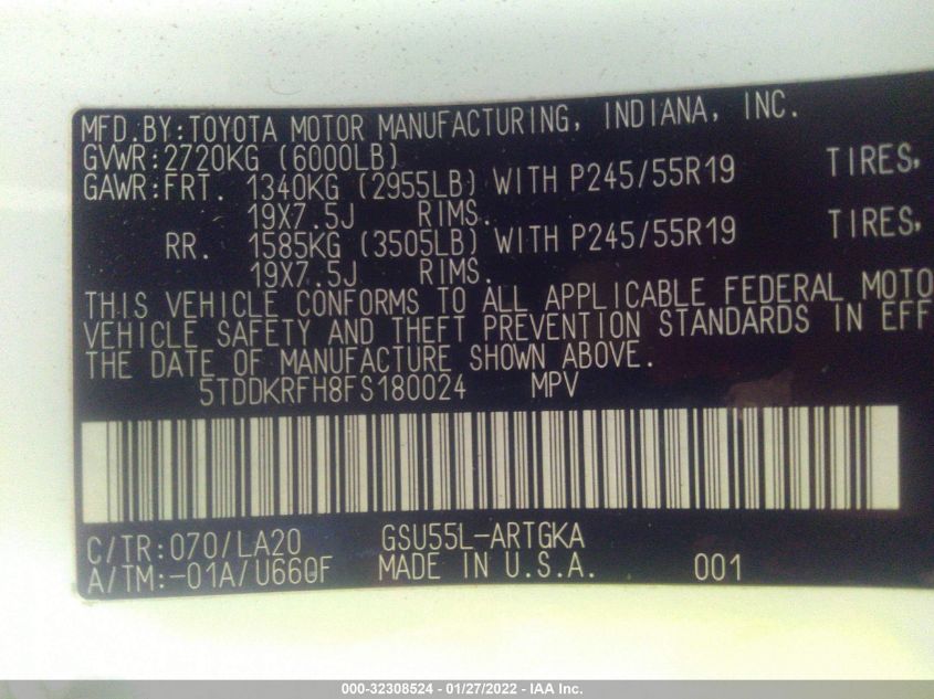 2015 TOYOTA HIGHLANDER LIMITED 5TDDKRFH8FS180024