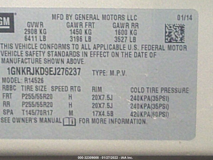 2014 CHEVROLET TRAVERSE LTZ 1GNKRJKD9EJ276237