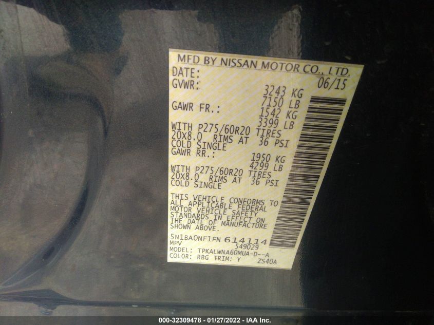 2015 NISSAN ARMADA PLATINUM 5N1BA0NF1FN614114