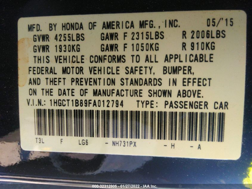 2015 HONDA ACCORD COUPE EX-L 1HGCT1B89FA012794