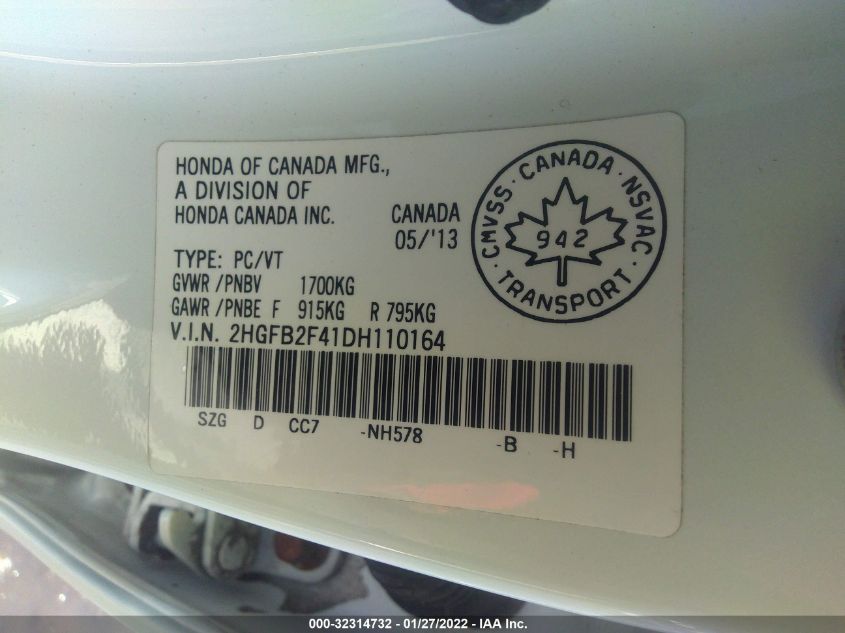 2013 HONDA CIVIC SDN LX 2HGFB2F41DH110164
