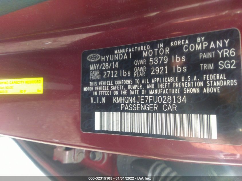2015 HYUNDAI GENESIS 3.8L KMHGN4JE7FU028134