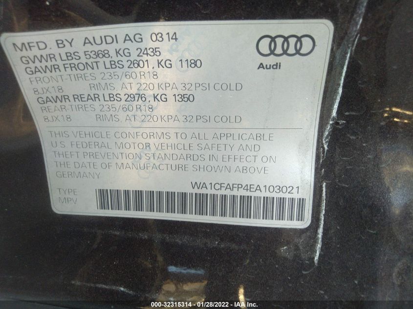 2014 AUDI Q5 PREMIUM WA1CFAFP4EA103021