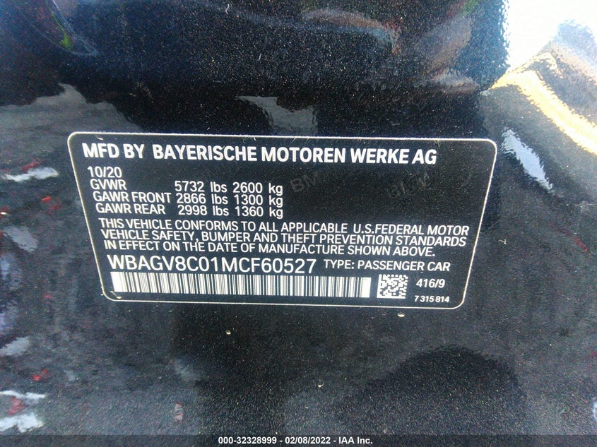 Auction sale of the 2021 BMW 8 SERIES , vin: WBAGV8C01MCF60527, lot number: 32328999