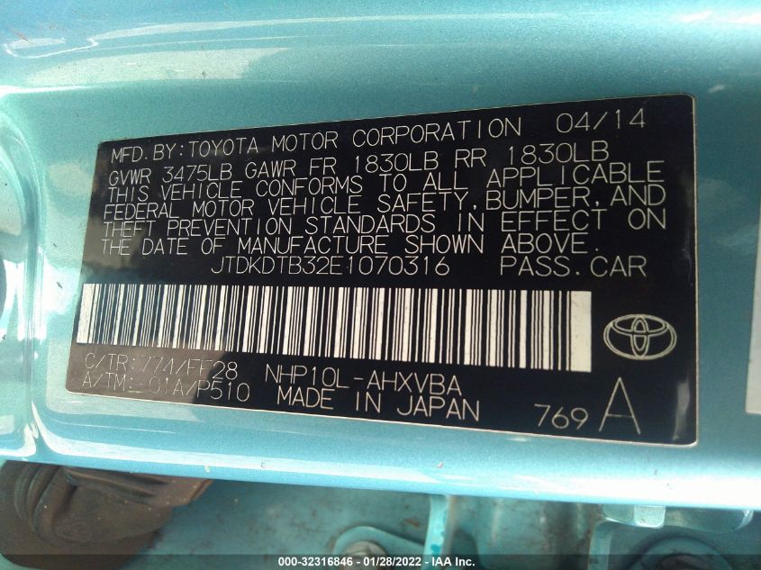 2014 TOYOTA PRIUS C ONE/THREE/TWO/FOUR JTDKDTB32E1070316