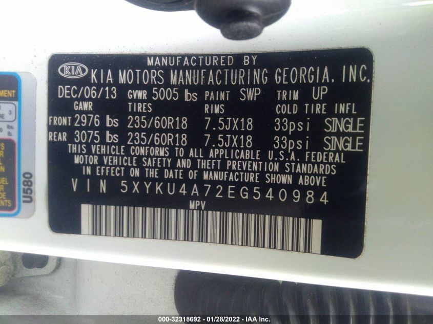 2014 KIA SORENTO EX 5XYKU4A72EG540984