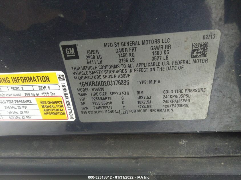 2013 CHEVROLET TRAVERSE LT 1GNKRJKD2DJ176396