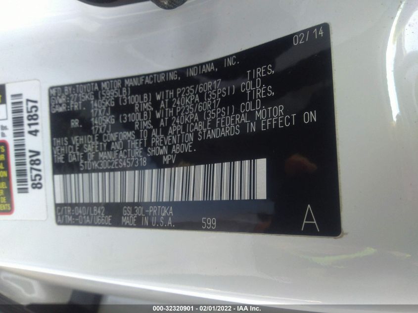 2014 TOYOTA SIENNA XLE/XLE AAS/LTD 5TDYK3DC2ES457318
