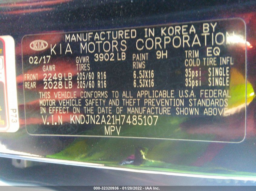 2017 KIA SOUL BASE KNDJN2A21H7485107