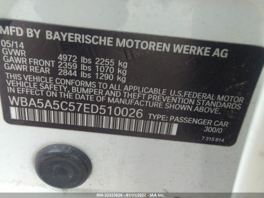 2014 BMW 5 SERIES I WBA5A5C57ED510026