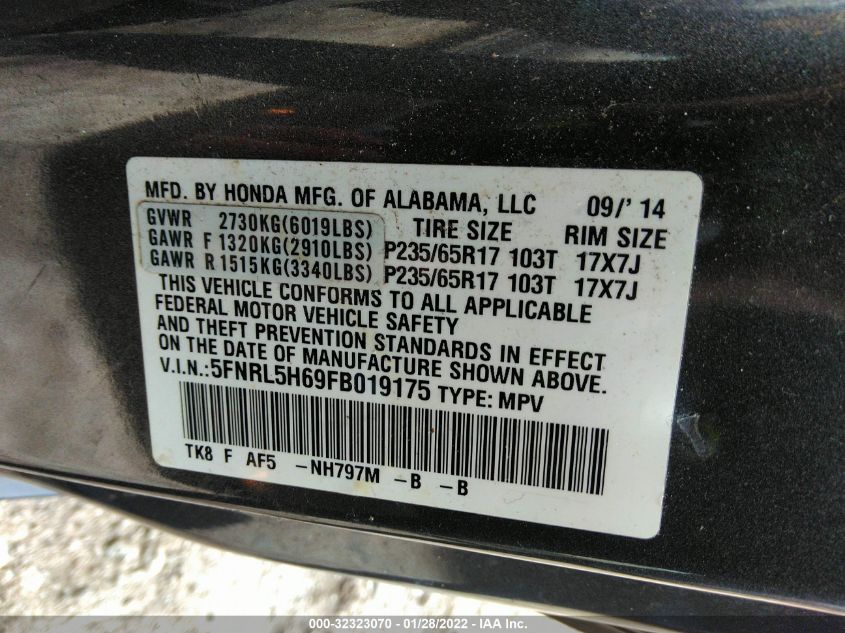 2015 HONDA ODYSSEY EX-L 5FNRL5H69FB019175