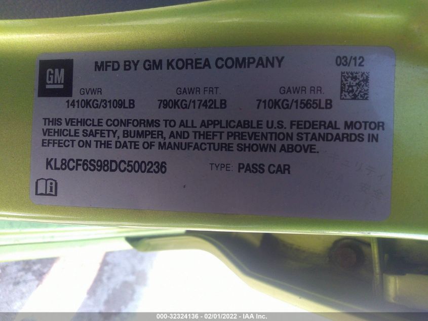 2013 CHEVROLET SPARK LT KL8CF6S98DC500236