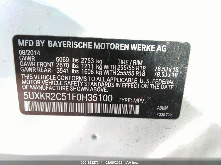 2015 BMW X5 SDRIVE35I 5UXKR2C51F0H35100