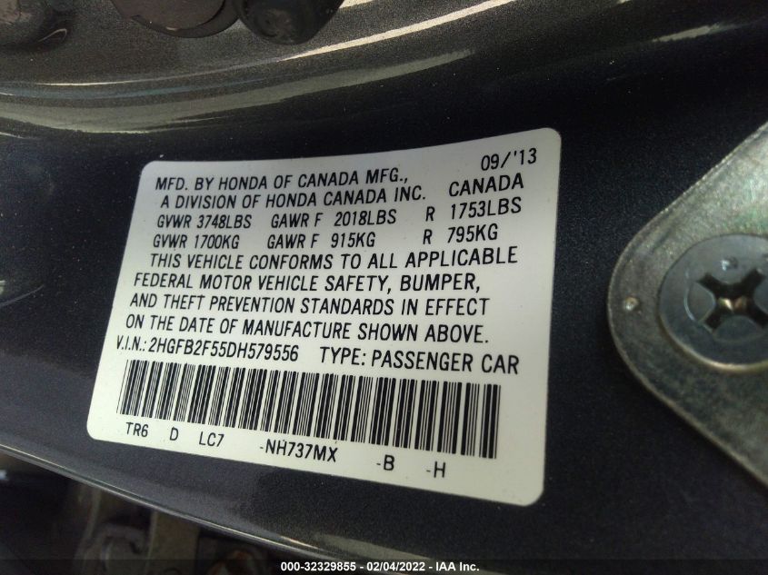2013 HONDA CIVIC SDN LX 2HGFB2F55DH579556