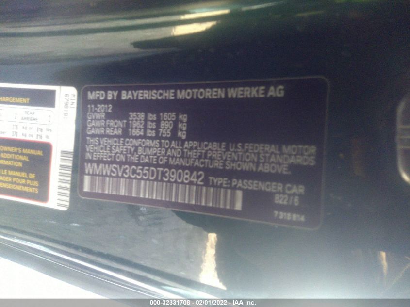 2013 MINI COOPER HARDTOP S WMWSV3C55DT390842