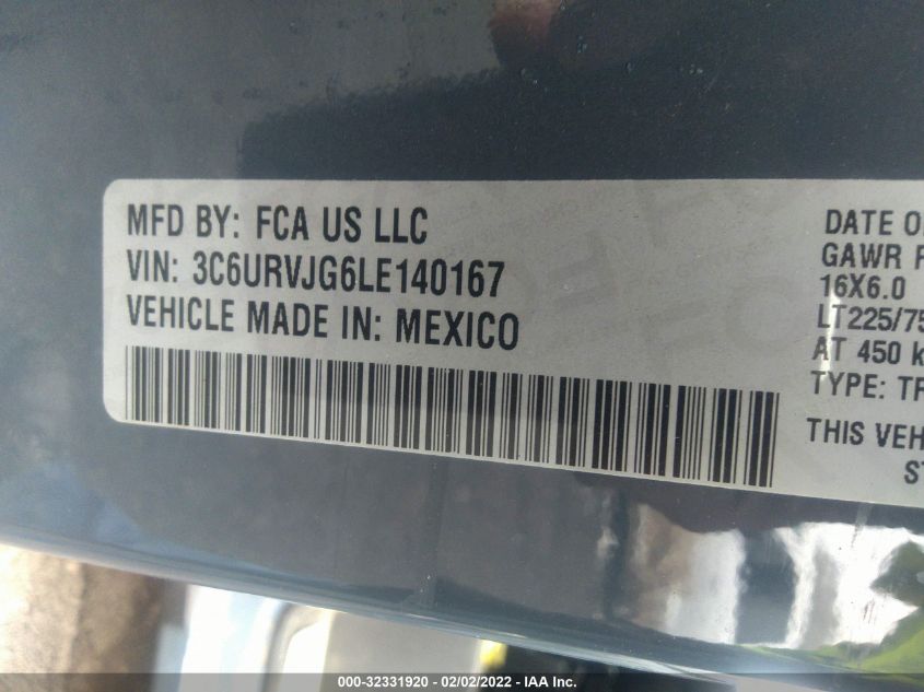 2020 RAM PROMASTER CARGO VAN 3C6URVJG6LE140167