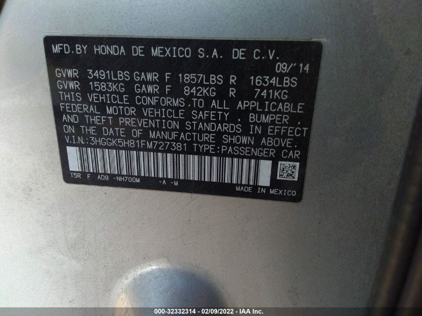 2015 HONDA FIT EX-L/EX 3HGGK5H81FM727381