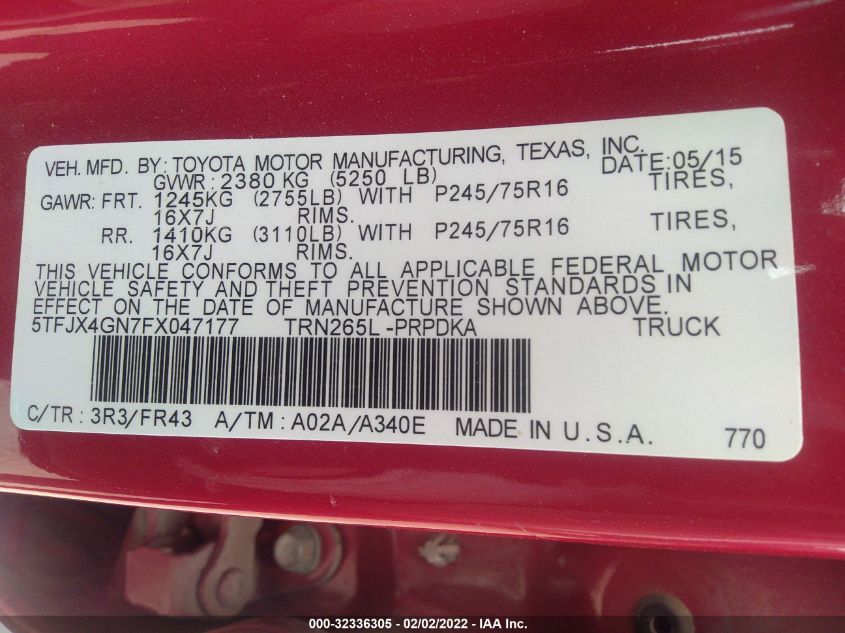 2015 TOYOTA TACOMA PRERUNNER 5TFJX4GN7FX047177