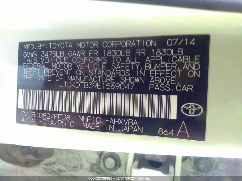 2014 TOYOTA PRIUS C ONE/THREE/TWO/FOUR JTDKDTB39E1569047