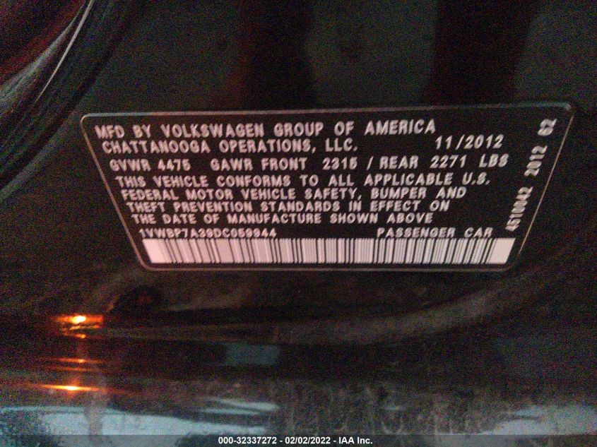 2013 VOLKSWAGEN PASSAT SE 1VWBP7A39DC059944