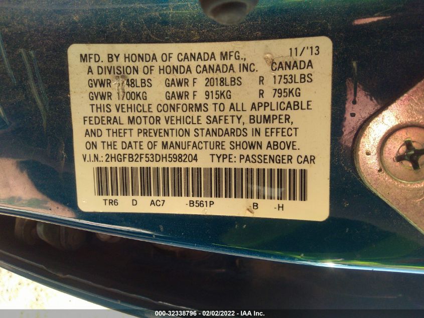 2013 HONDA CIVIC SDN LX 2HGFB2F53DH598204