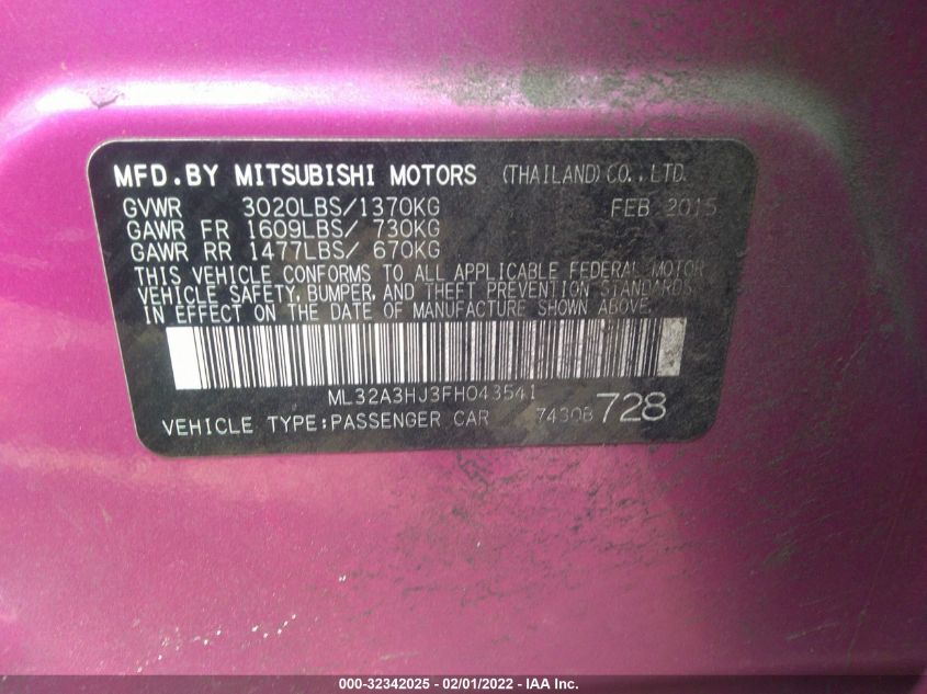 2015 MITSUBISHI MIRAGE DE/RF ML32A3HJ3FH043541