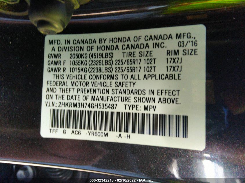 2016 HONDA CR-V EX-L 2HKRM3H74GH535487