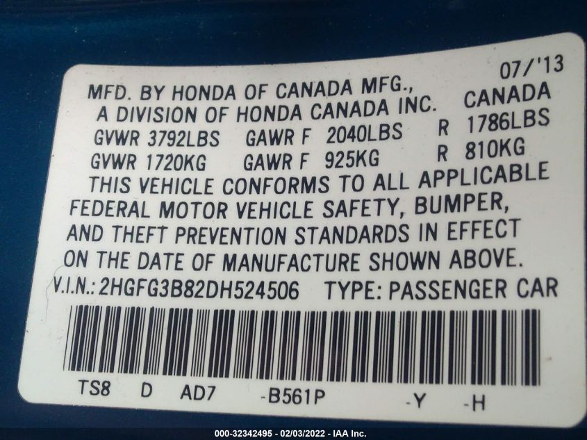 2013 HONDA CIVIC CPE EX 2HGFG3B82DH524506