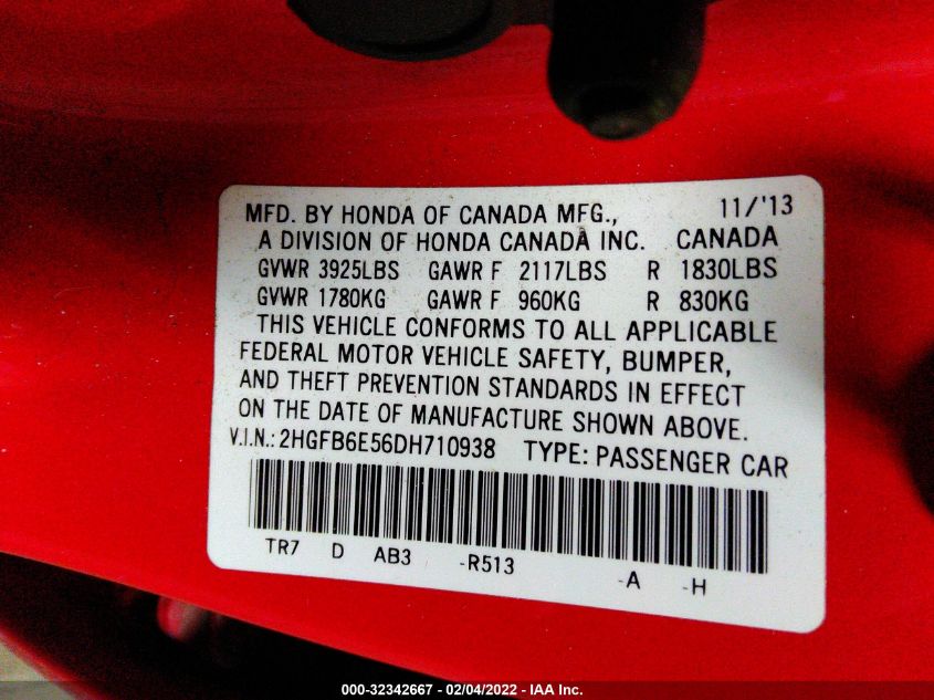 2013 HONDA CIVIC SDN SI 2HGFB6E56DH710938